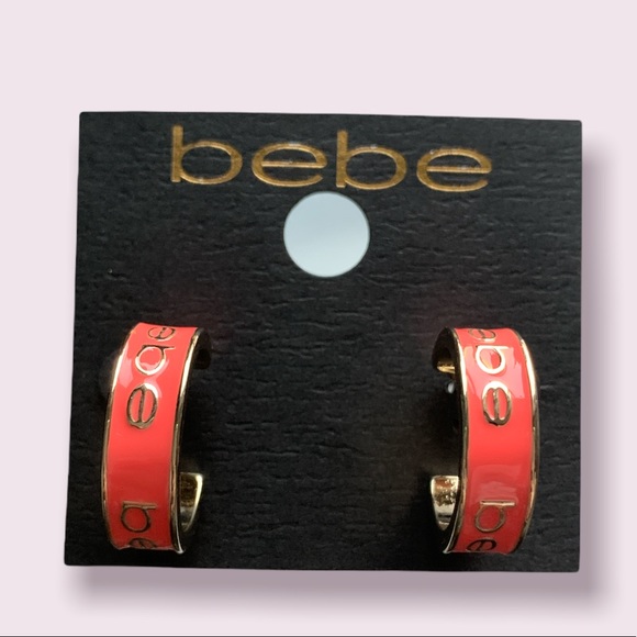 Bebe Earrings - Orange/Gold Hoop Logo New - Picture 1 of 3